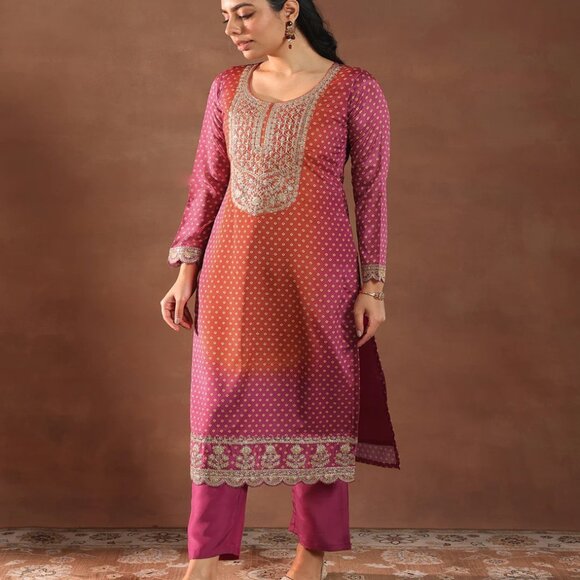 Pink Printed Silk Blend Kurta Set with Dupatta – Women S–2XL Ethnic Outfit - Picture 3 of 6